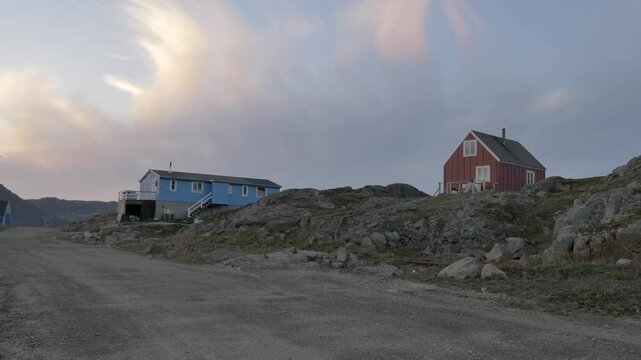 Typical colourful nordic houses, filmed during the late afternoon in Kulusuk, a remote settlement in Eastern Greenland. Similar footage available in my portfolio. 
