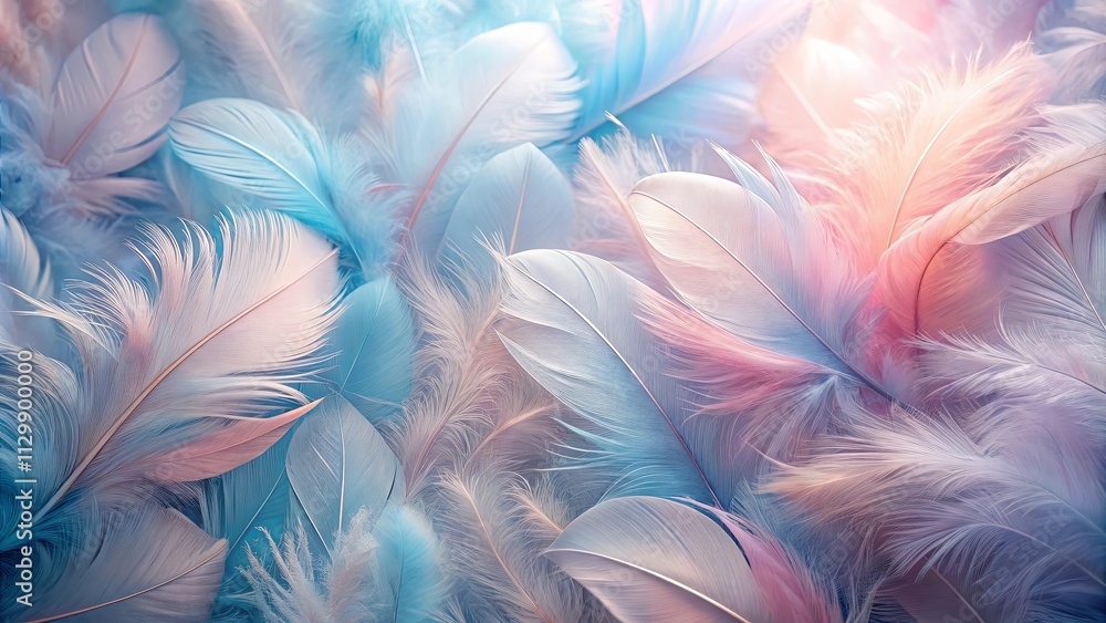 Wall mural pastel-colored feathers arranged in a soft, delicate pattern, creating a calming and ethereal atmosp