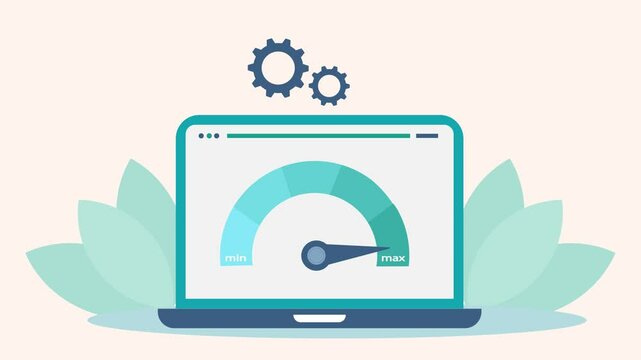 Website or Computer Speed and Performance Concept. speedometer Measure a high speed maximum in laptop screen, flat design animation