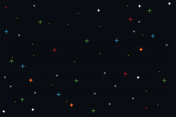 Pixel art of stars set. Star, glitter, sparkles. Pixelated starry sky signs. Space shining object collection. Video Game icons. 8 bit retro style vector illustration.