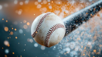 Baseball ball hit by bat. Action photo shows ball in motion. Impact of baseball bat visible. Sport photo captures energy of game. Dynamic action photo ideal for sport and action themes.