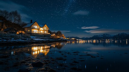 Fototapeta premium Illuminated waterfront house at night, reflecting in calm water under a starry sky.