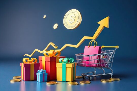 Dynamic 3D Visualization of Virtual Loyalty Program Featuring Animated Gift Boxes Shopping Bags and Rising Coins for Online Discounts and Financial Benefits