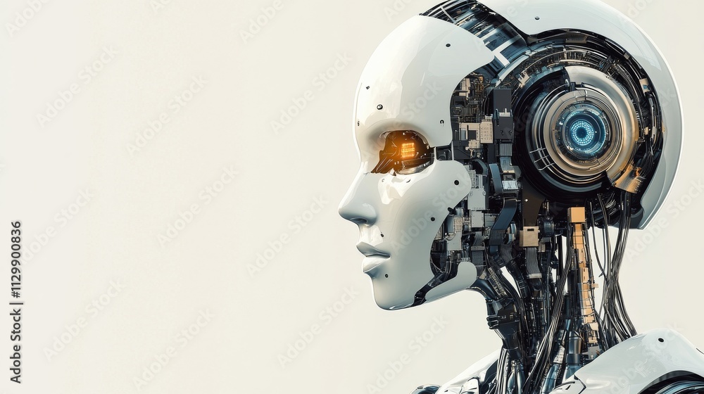 Poster close-up side profile of a futuristic humanoid robot showcasing its intricate internal mechanisms. t