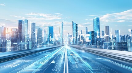 Fototapeta premium A futuristic cityscape with towering skyscrapers and sleek, chrome buildings against the blue sky
