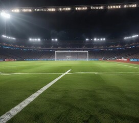 Football field with flashing lights creating a lively atmosphere, colorful displays, football field