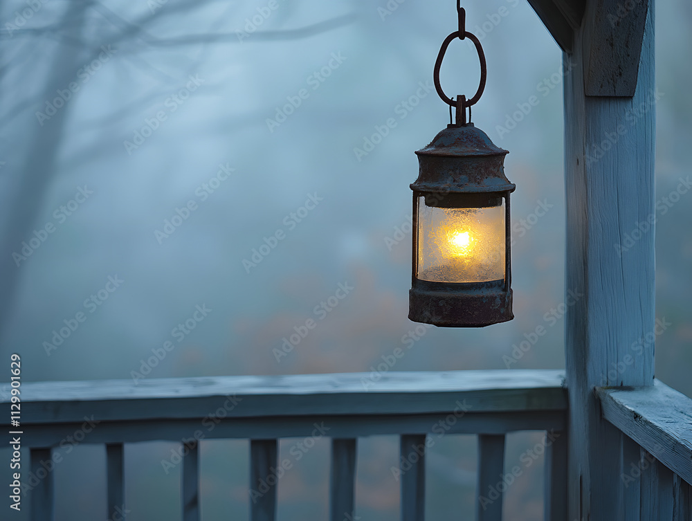 Aufkleber a rustic lantern glows softly in a foggy setting, creating a warm, inviting atmosphere.
