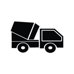 Simple vector icon of a concrete mixer truck, side view in black silhouette. Isolated image on a white background. Minimalist and modern concrete mixer icon