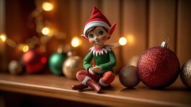 Cute toy elf sits on shelf. Christmas decorations like colorful ornaments around. Warm lighting, wooden background add festive ambiance. Elf figurine holiday decoration. Festive Christmas toy. Merry