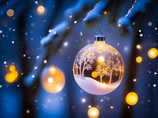 Glass Christmas ornaments with winter scenes inside hang from snow-covered branches. The ornament is lit from the inside, giving off a warm glow.