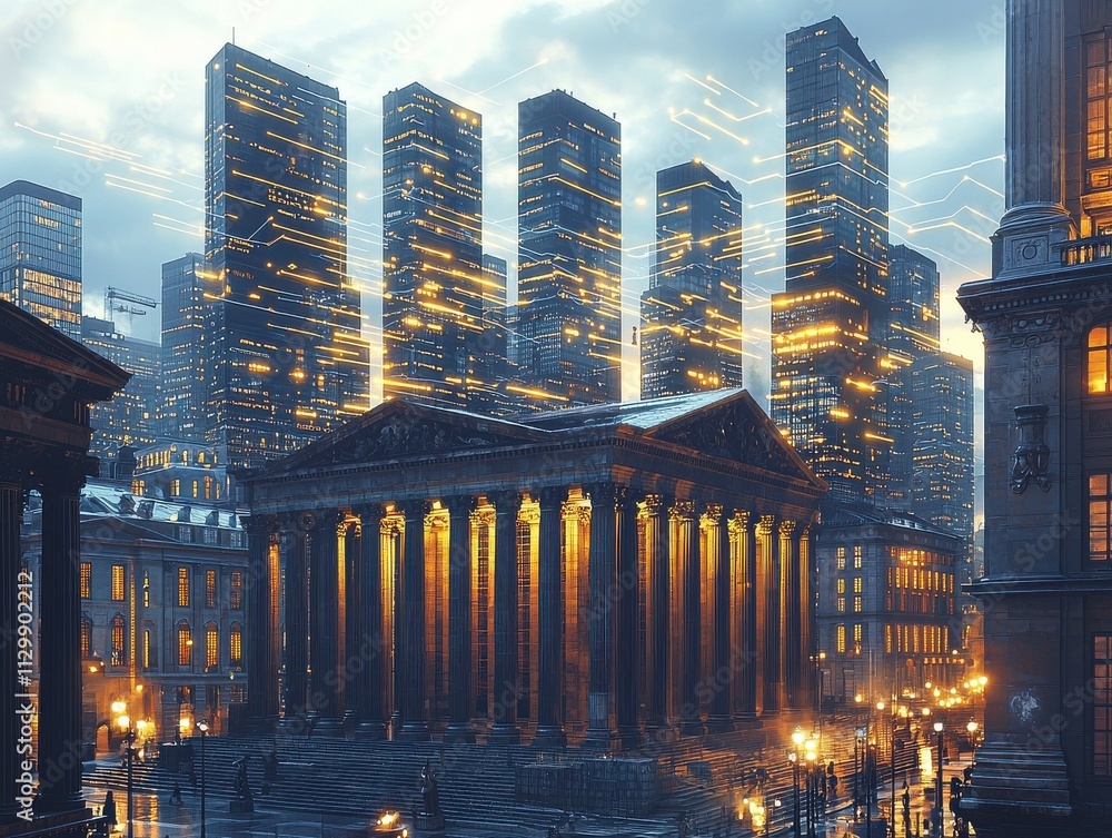 Poster economic data integration in secure blockchain ecosystems urban financial hub digital art night futu
