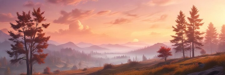 Nature scene with soft brush strokes on a hazy background, atmospheric perspective , foggy mountain, soft focus