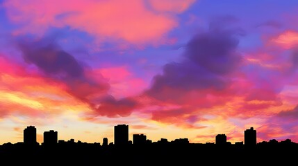 Naklejka premium Vibrant sunset colors paint the sky above a city skyline silhouette.