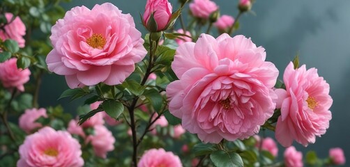 Fototapeta premium Pink double flowers and green buds of rose bush in full bloom , blooming bush, nature photography , garden features