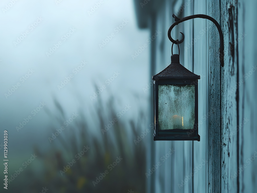 Poster a rustic lantern hangs on a foggy wall, casting a warm glow in a serene environment.