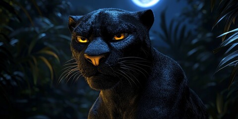 Majestic Black Panther in Moonlight Jungle Night