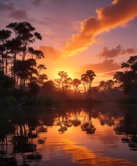 Reflections of a fiery sunset on the calm waters of Laguna Grande Amazonia, , Amazonian nature