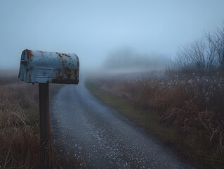A rustic mailbox stands beside a foggy path, surrounded by tall grass and a mysterious atmosphere.