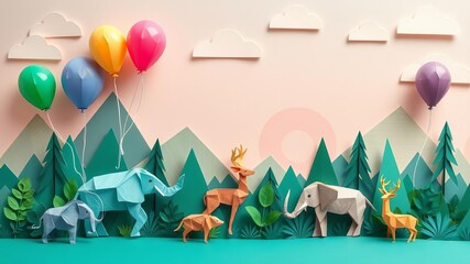 Image of origami elephants and deer in a forest landscape with a rainbow and balloons, representing World Environment Day and Earth Day, world environment day, nature