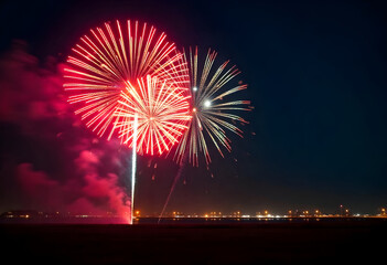 scenic fireworks explosionon the sky with background beautiful city view at night ai generated