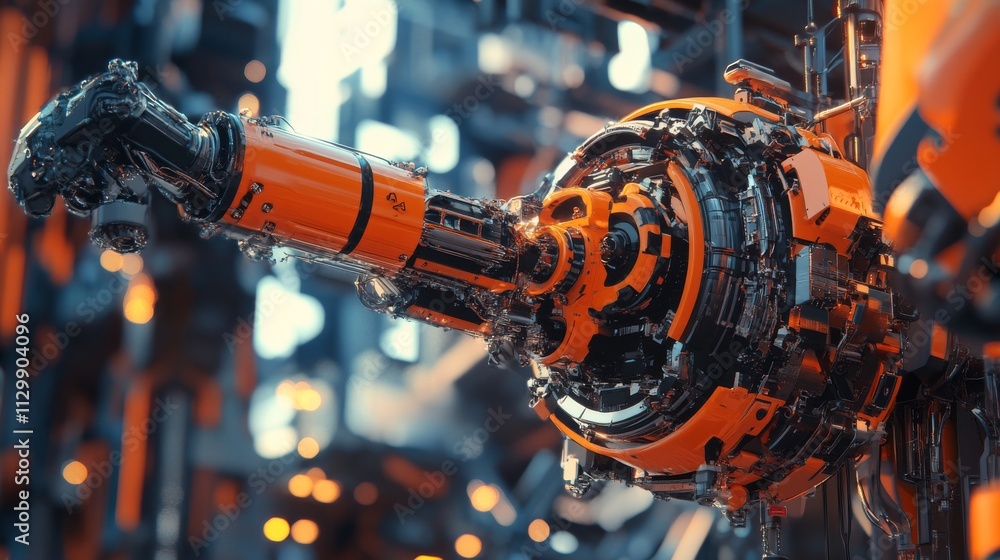 Poster a close-up of an industrial robotic arm in a high-tech factory, featuring orange and metallic compon
