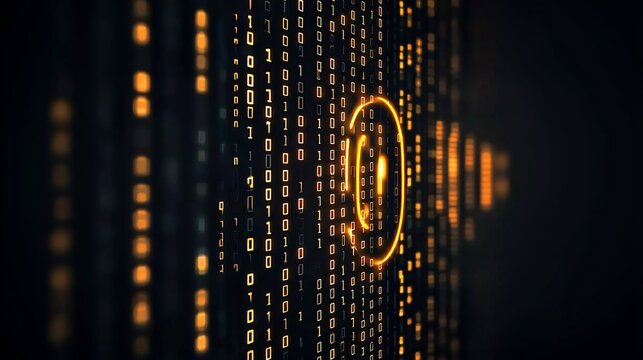 Abstract digital code with glowing circular loading symbol. - Powered by Adobe