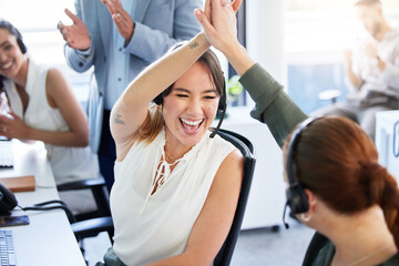 Women, call center and high five in office for deal, sales success and negotiation goal. Excited...