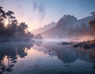 Soft blue mist rises from waters edge at dawn , calm, serene, warm light