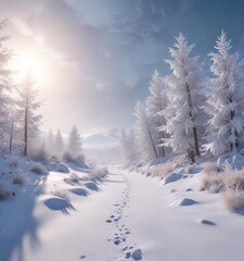 Fototapeta premium Softly falling snowflakes gently blanket the winter landscape with a layer of frosty white silence, serene winter, winter wonderland