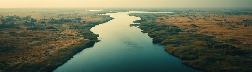 Fototapeta premium Flat river delta in soft green and beige tones from a bird s-eye view, natural beauty in symmetry