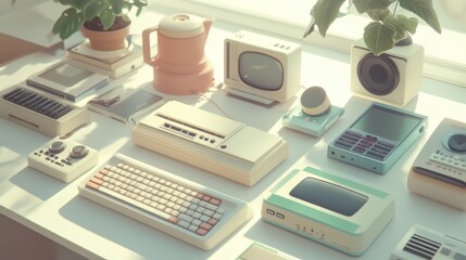A medium shot of retro and modern electronics intermingled in an artistic layout on a minimalist desk, highlighting sleek designs and nostalgic shapes, warm morning light streaming through a nearby wi