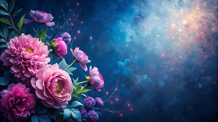 Enchanted Pink Peonies and Purple Flowers on a Dreamlike Blue Background