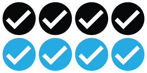 Check mark icon button set. Approved symbol. Check box icon with right button. Verified badge icon, official profile account sign. Tick symbol. Correct vote choise isolated symbol. Vector Illustration