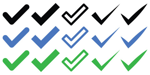 Check mark icon set. Tick symbol in green, blue and black color. Hand drawn checkmark illustration. Approval check icon isolated.