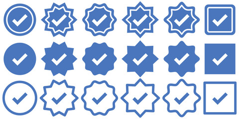 Check mark icon button set. Approved symbol. Check box icon with right button. Verified badge icon, official profile account sign. Tick symbol. Correct vote choise isolated symbol. Vector Illustration