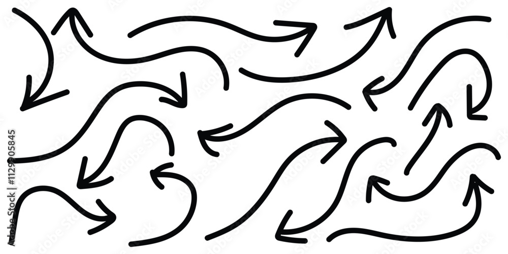 Poster set of simple lines hand drawn black arrows in various style. hand drawn vector arrows doodle set on