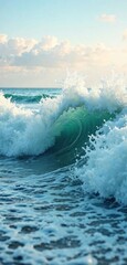 Fototapeta premium Waves gently crash against the shore with foamy white crests , foamy, crest