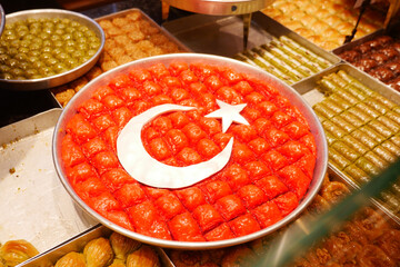 Traditional Turkish Dessert Baklava Tray Featuring turkey flag 