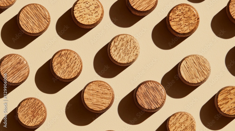 Poster Wooden discs are meticulously arranged on a smooth surface, creating a captivating pattern where shadows dance across a neutral backdrop. The details highlight the grain and texture of the wood