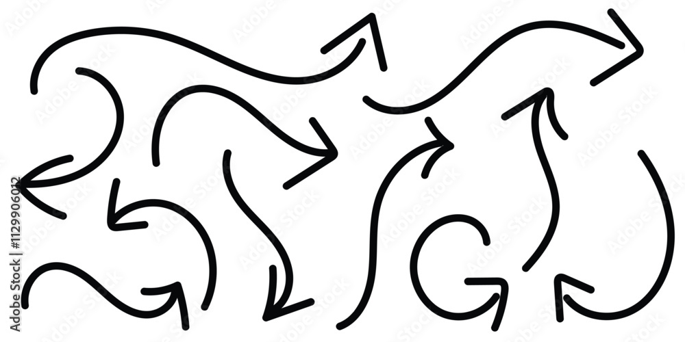 Poster set of simple lines hand drawn black arrows in various style. hand drawn vector arrows doodle set on