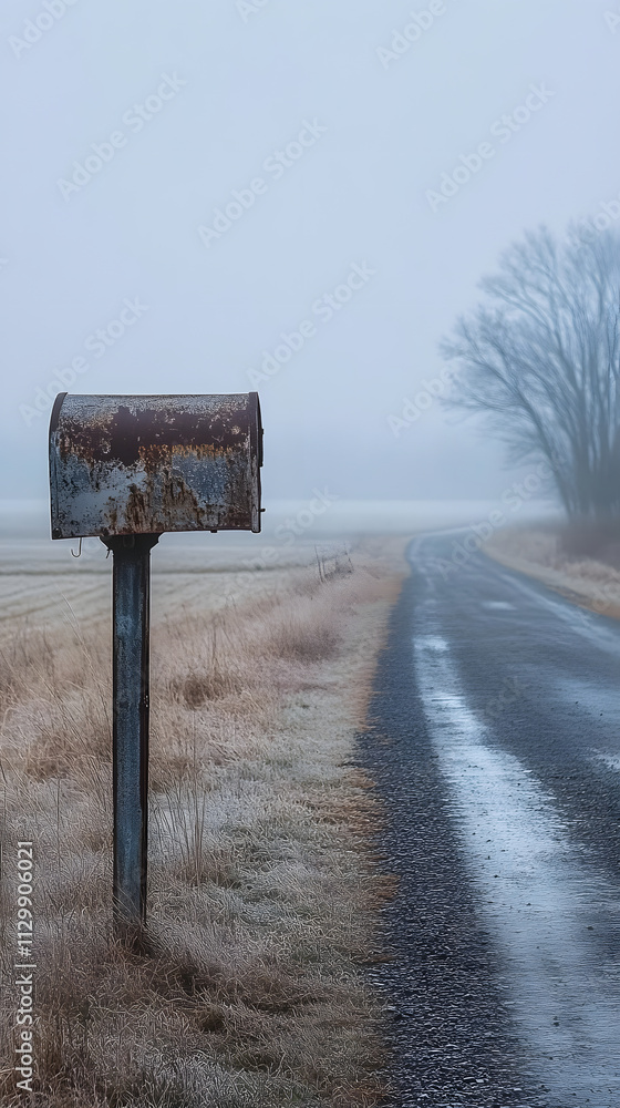 Poster a rusty mailbox stands by a foggy road, surrounded by barren fields and trees.
