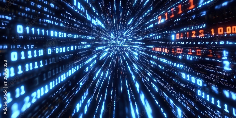 Poster abstract digital background with flowing lines of binary code in futuristic style representing techn