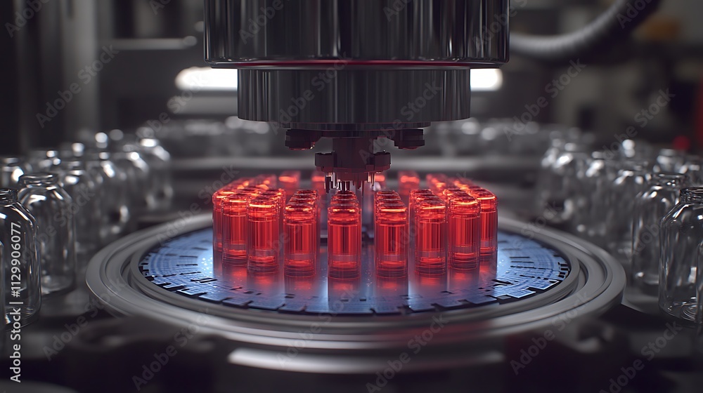Poster automated machine filling transparent vials with red liquid.