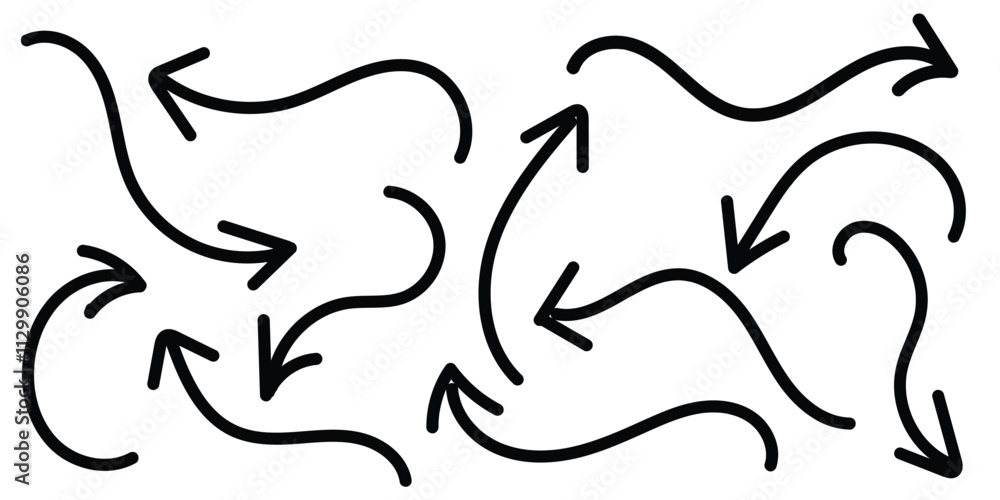Poster set of simple lines hand drawn black arrows in various style. hand drawn vector arrows doodle set on