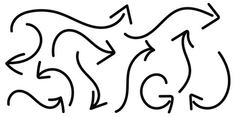 Set of simple lines hand drawn black arrows in various style. Hand drawn vector arrows doodle set on white background. Scribble swirl arrow signs. Curved cartoon arrows sketches. Vector illustration. 