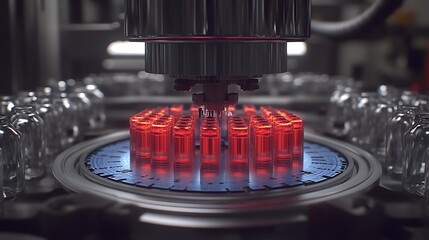 Automated machine filling transparent vials with red liquid.