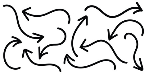 Set of simple lines hand drawn black arrows in various style. Hand drawn vector arrows doodle set on white background. Scribble swirl arrow signs. Curved cartoon arrows sketches. Vector illustration. 