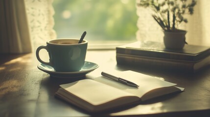 Morning Coffee and a Journal on a Wooden Table
