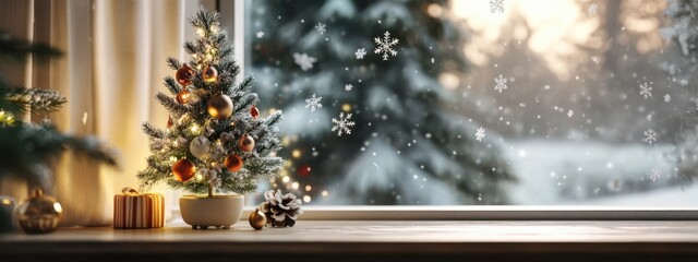 Cozy Winter Windowsill Christmas Tree Scene: Festive Decor, Snow Falling, Warm Lights