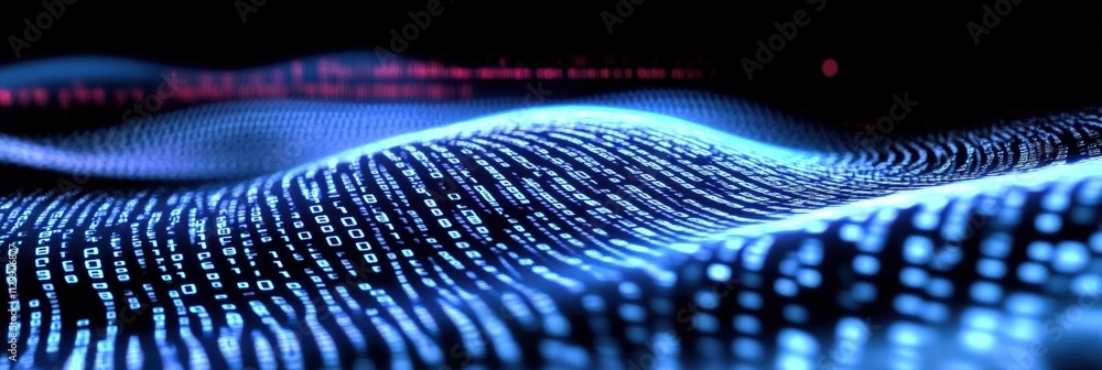 Poster futuristic digital binary code background with flowing lines and waves in neon blue and red colors f